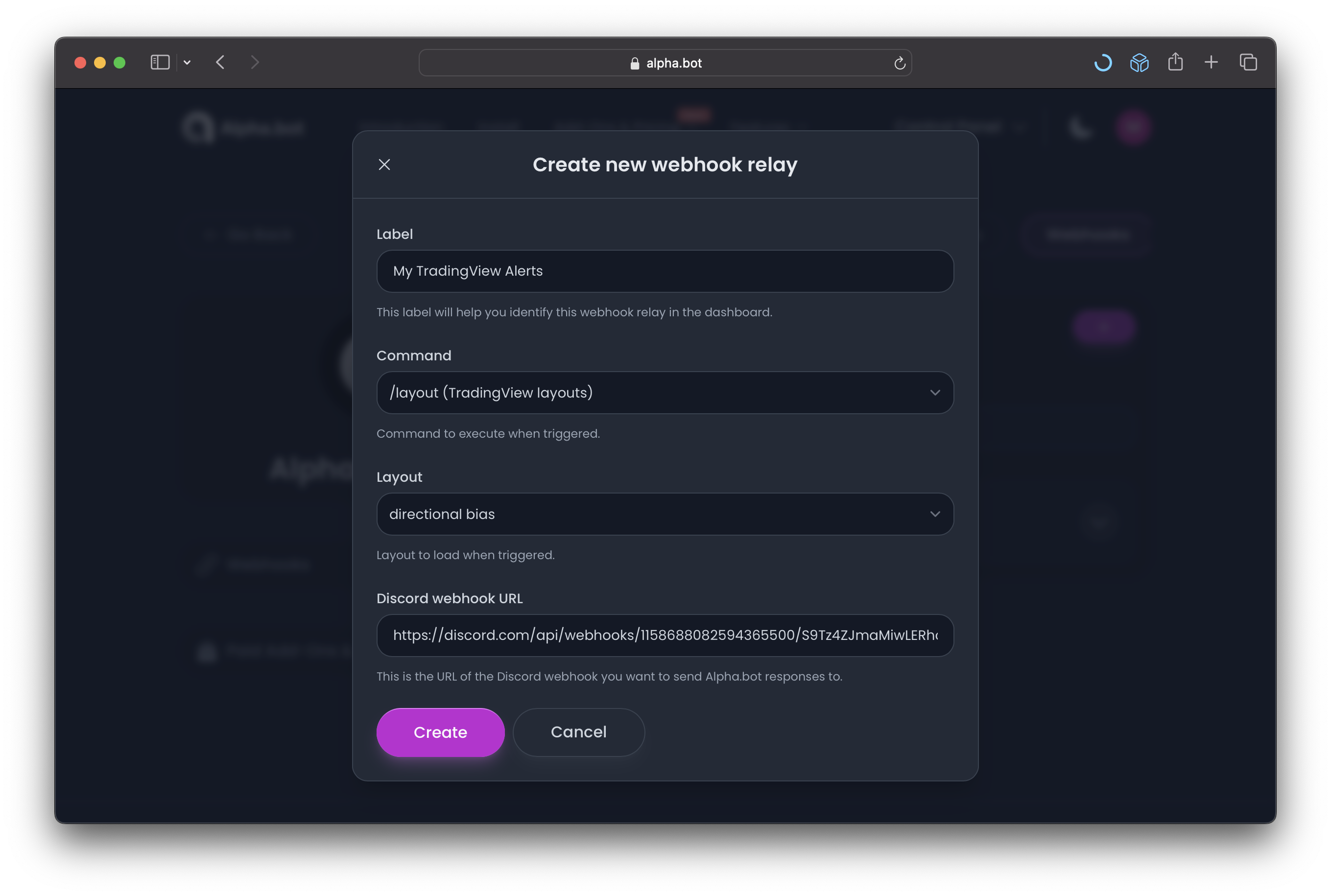 Webhook relay creation screen