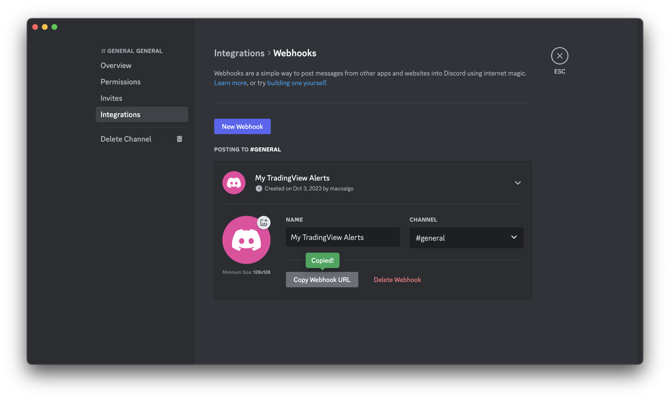 Discord webhook creation screen